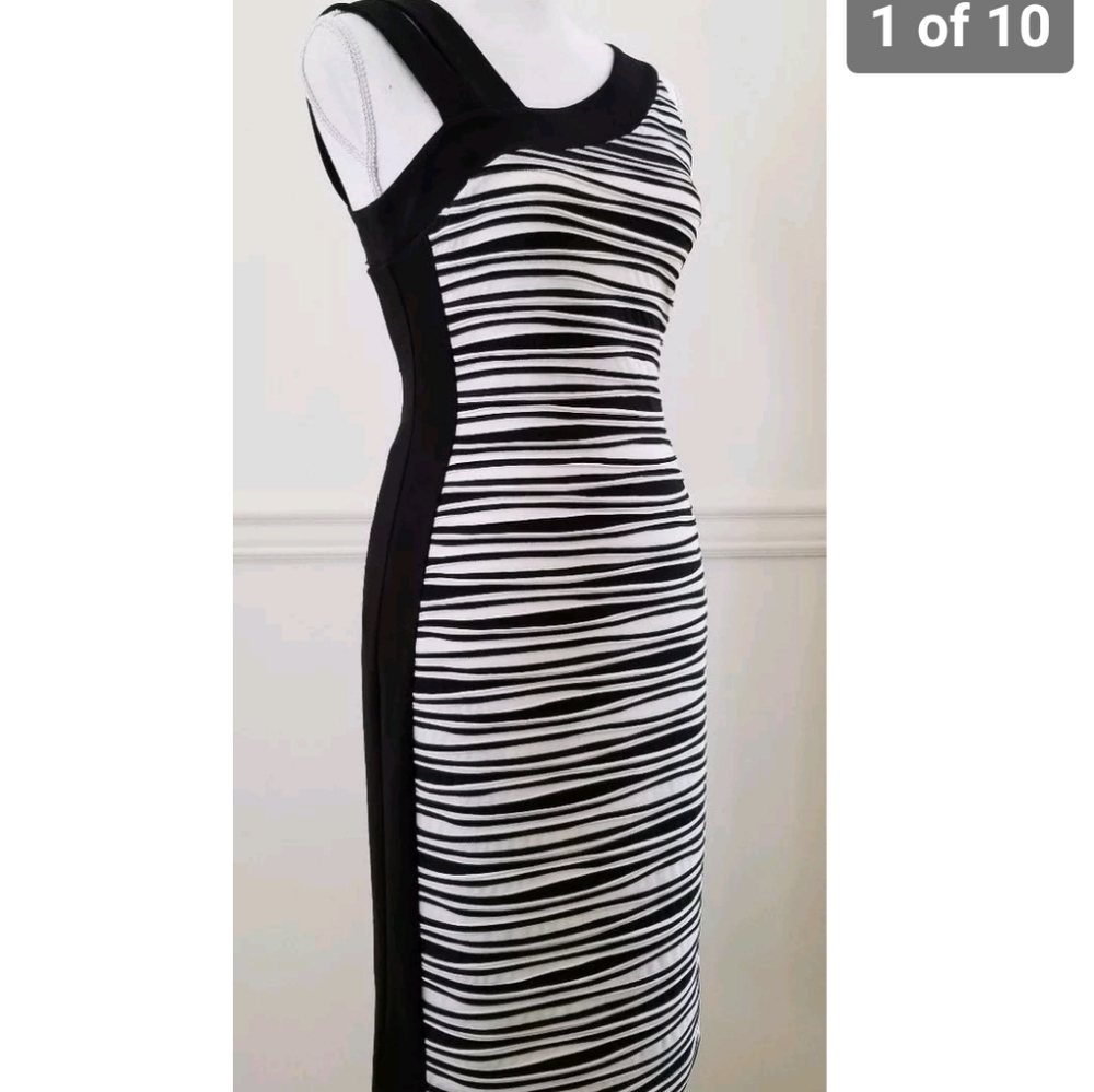 Joseph Ribkoff Black White Ribbed Stretch Cocktail Dress size 4